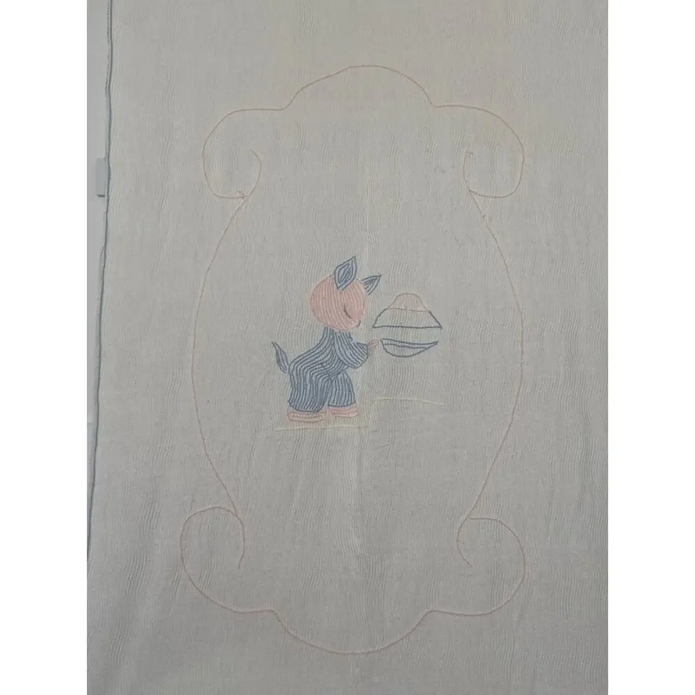 Vintage 1940s–1950s Baby Chenille Crib Blanket 40x61 Blue Pink Kitten Nursery